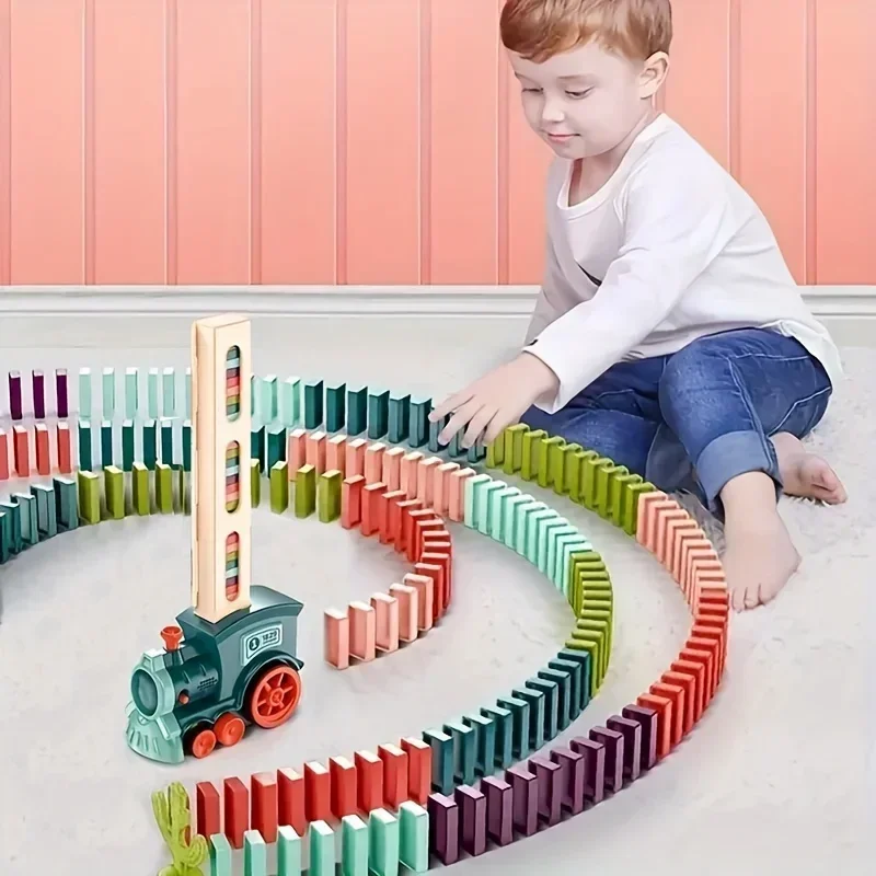 Kids Electric Domino Train Car Set Sound & Light Automatic Laying Dominoes Brick Blocks Game Educational Christmas Gift Kids Toy