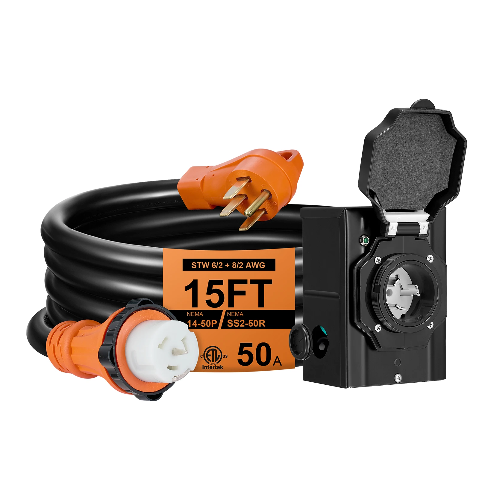 Cable generador de 15 pies y 50 amperios con caja de entrada de energía preperforada, cable de alimentación para generador de alta resistencia, fuente de alimentación para el hogar/RV