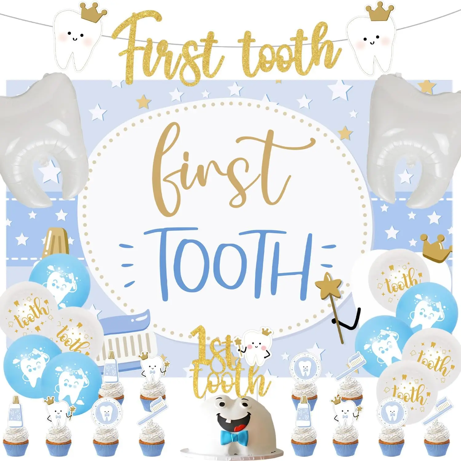 

First Tooth Themed Party Decor Blue 1st Baby Tooth Photography Backdrop Gold Glitter Banner Balloon Cake Toppers for Boys Party