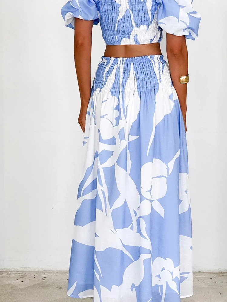 

Fashion One-shoulder Puff Sleeve Tops&Half Skirts Set Summer Casual Bohemian Vacation Outfits Elegant Lady Commute Two Piece Set