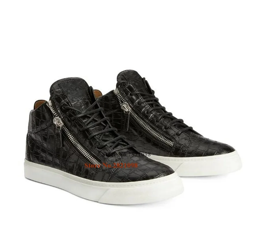 

Crocodile Effect Pattern Black Leather Lace Up Sneakers Men Round Toe Front Lace-Up Fastening Side Zip Flats Casual Shoes