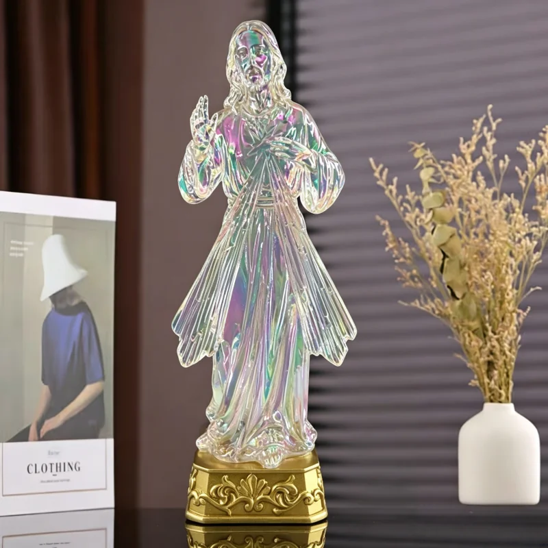 Iridescent Transparent Divine Mercy Jesus Statue, Rainbow Aurora Jesus Christ Resin Figurine With Golden Base, Catholic Religiou