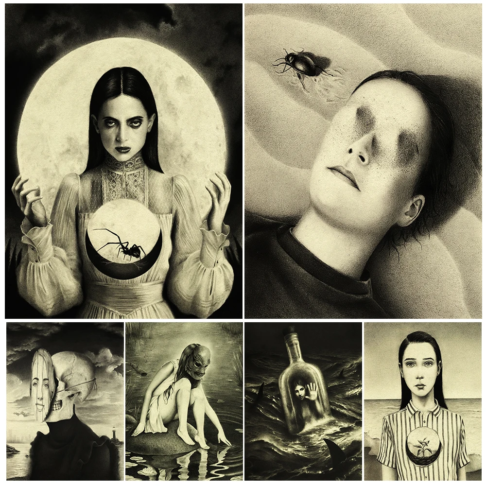 

Girl In Bottle And Swamp Girl Wearing Mask Vintage Wall Art Canvas Painting Moon Wicca Gothic Art Poster And Print Home Decor