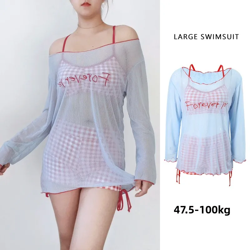 

Комплект женского купальника: бикини с высокой талией в клетку, красивый консервативный купальник больших размеров с длинными рукавами, милый комплект из двух предметов с футболкой-накидкой