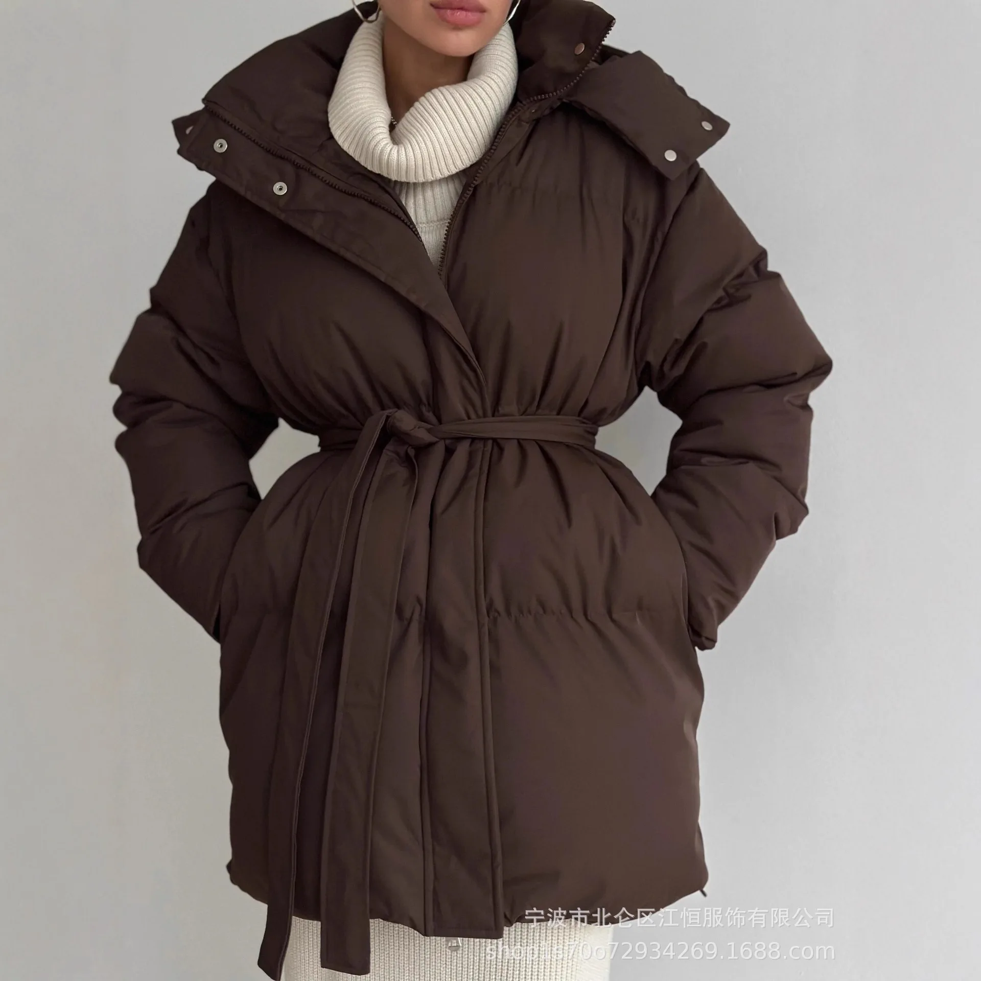 

2025 Style Casual Waist-tie Hooded Mid-length Puffer Jacket for Women Thickened Cotton Coat Brown