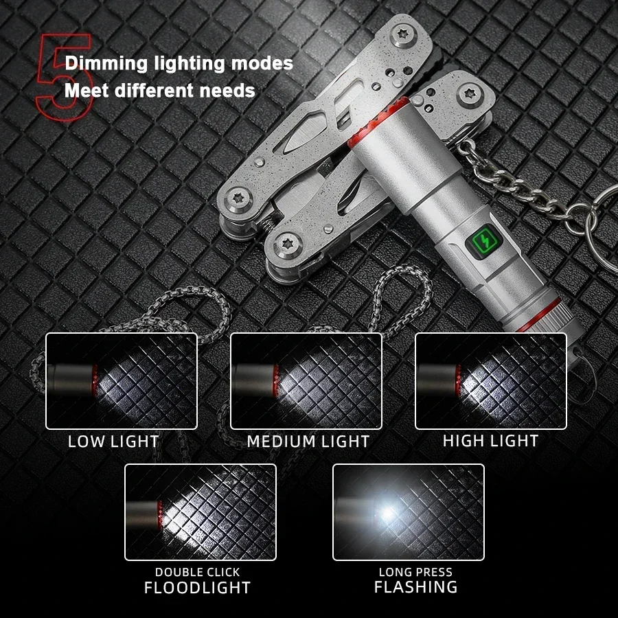 Mini Pocket LED Flashlight Necklace Keychain Flashlight 5 Lighting Mode USB Rechargeable Portable Camping Fishing LED Zoom Torch