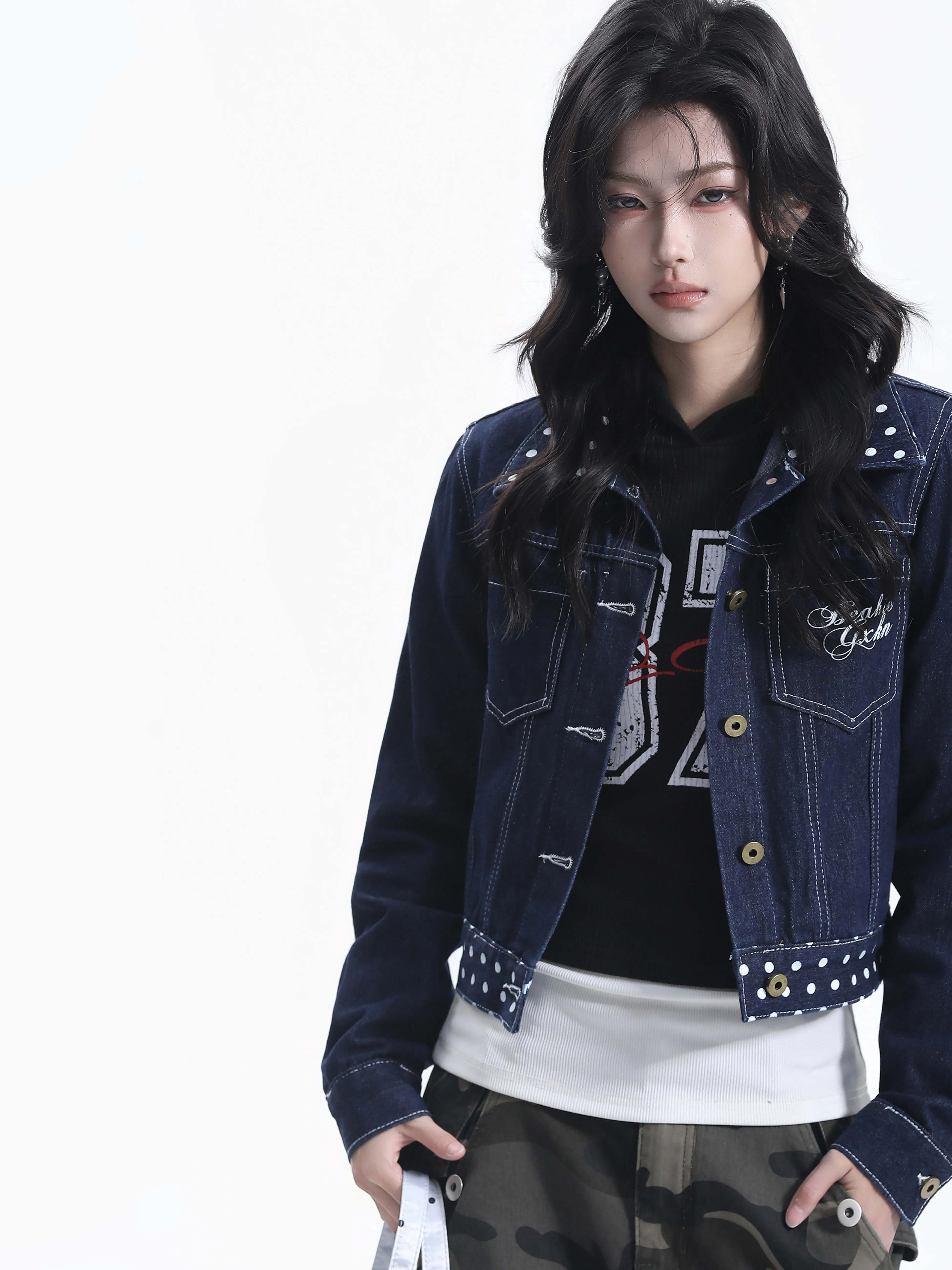 American Style Short Collar Jacket Women's Polka Dot Letter Embroidery Versatile College Denim Jacket Cotton Blend Long Sleeve
