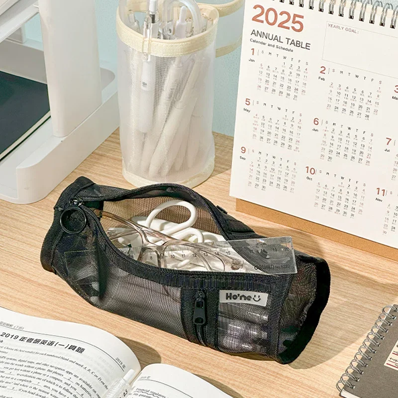 Standable Minimalist Transparent Mesh Pencil Case Large Capacity Flip-Top Solid Color Pen Holder Portable Stationery Storage Bag