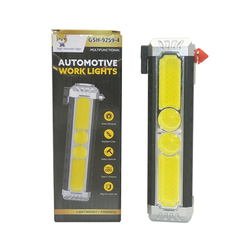 Nouvelle lampe de travail de réparation automobile multifonction COB-Super lumineuse, Rechargeable, Portable, marteau de sécurité, batterie longue