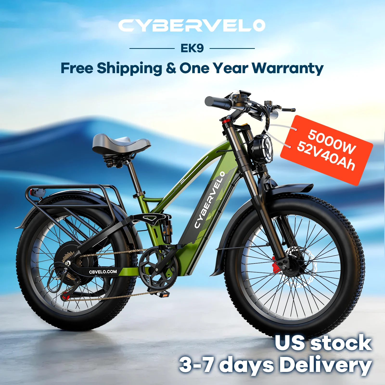 Cybervelo 5000W Peak Fat Tire Electric Bike 26"x4.0 All Terrain Mountain Commuter Ebike 7-Speed Up to 120 Miles 52V 40Ah/60V 50Ah Battery EK9