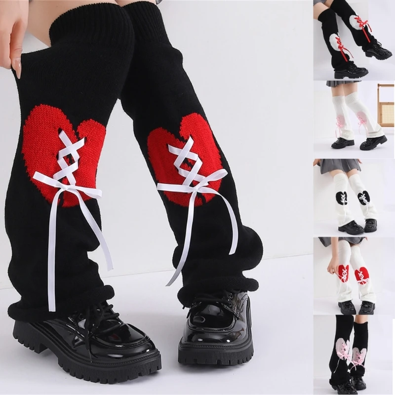 Heart Print Knitted Leg Warmers Japanese Subcultures Harajuku Flared Foot Covers Ribbon Lace Up Long Stockings