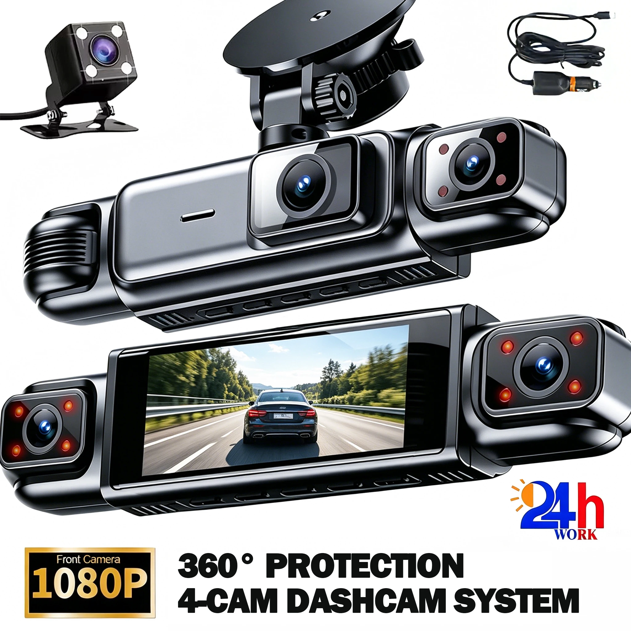 4 Canais 360 °   Câmera Veicular DVR FHD 1080P com Visão Noturna, Gravação em Loop e Monitoramento de Estacionamento 24H