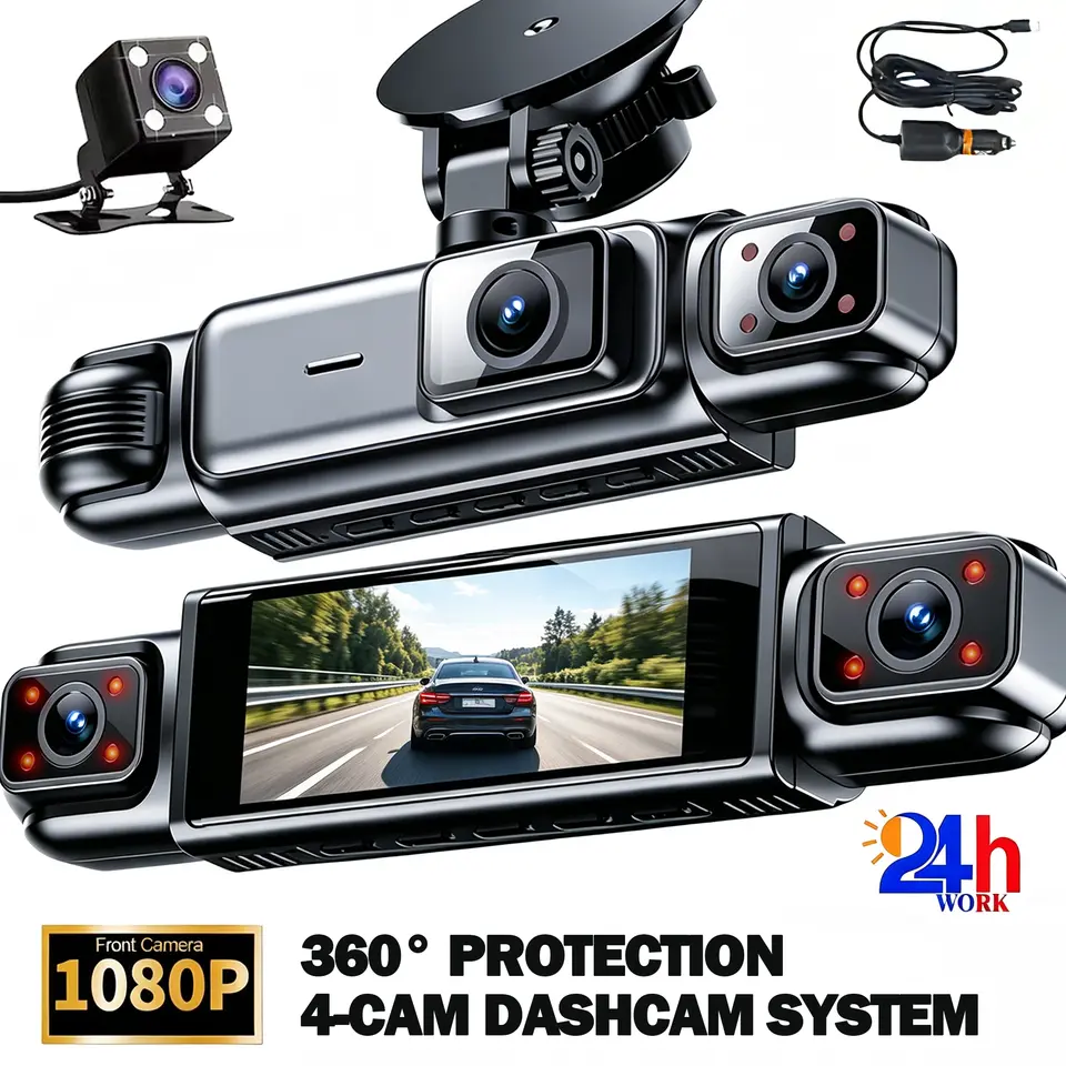 صندوق أسود لكاميرا سيارة 4 قنوات 360 درجة، مسجل فيديو DVR بدقة FHD 1080P، رؤية ليلية، تسجيل حلقي، مراقبة مواقف السيارات 24 ساعة