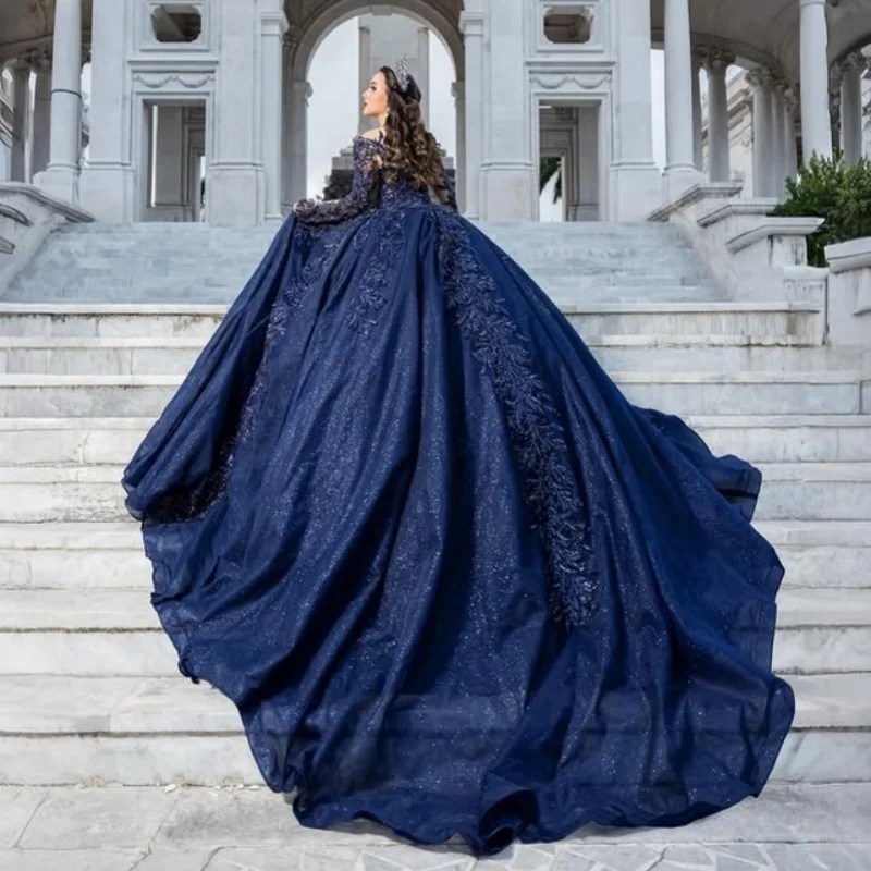 Glänzendes dunkelblaues Quinceanera-Kleid, Spitze, Kristallperlen, Glitzer-Aufkleber, langer Schwanz, langer Schwanz, Vestidos de 15 Quinceanera ﻿ Maßgeschneidert