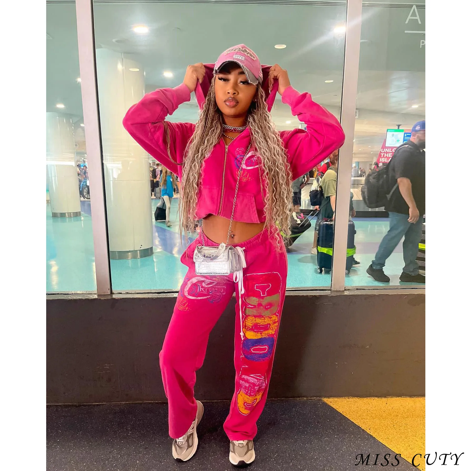 2024 inverno com capuz topos 2 peça calça conjunto roupas femininas outono y2k streetwear pulôver sportwear sexy elegante rosa conjuntos de duas peças