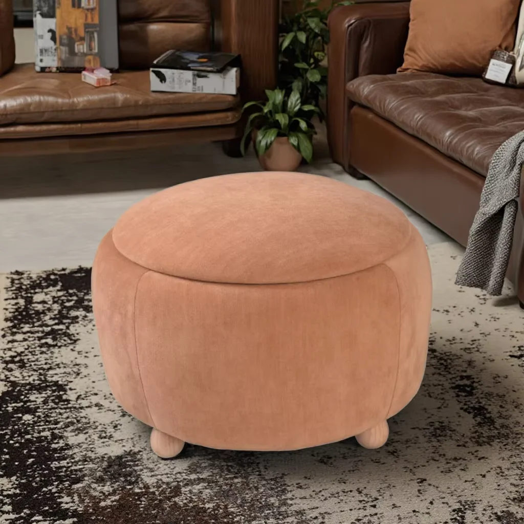 CARLFORD Contemporary Round Ottoman Storage Bench Fabric Cover Wooden Legs for Living Room Bedroom-Hotel & Apartment Friendly