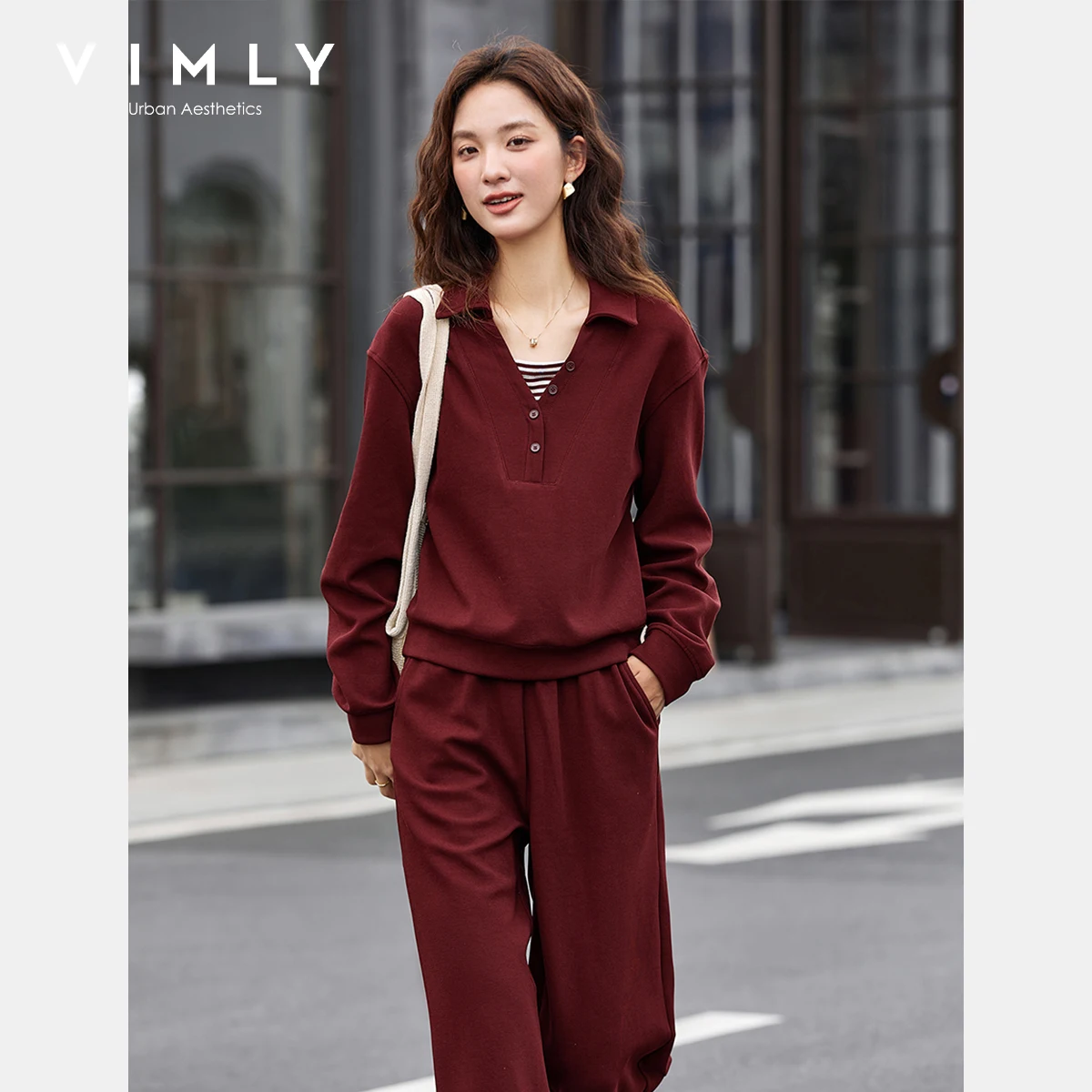 

VIMLY Women's Autumn Trouser Suit 2025 New Red Sporty Pant Sets Patchwork 2 in 1 Tops Wide Legs Pants Ladies Two-piece Set A2369