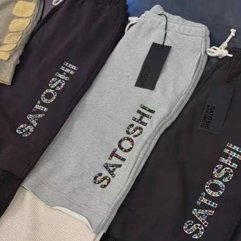 26ss SATOSHI Double-Layered Track Patchwork Pants Colorful Rivet Letters Print Drawstring Sweatpants