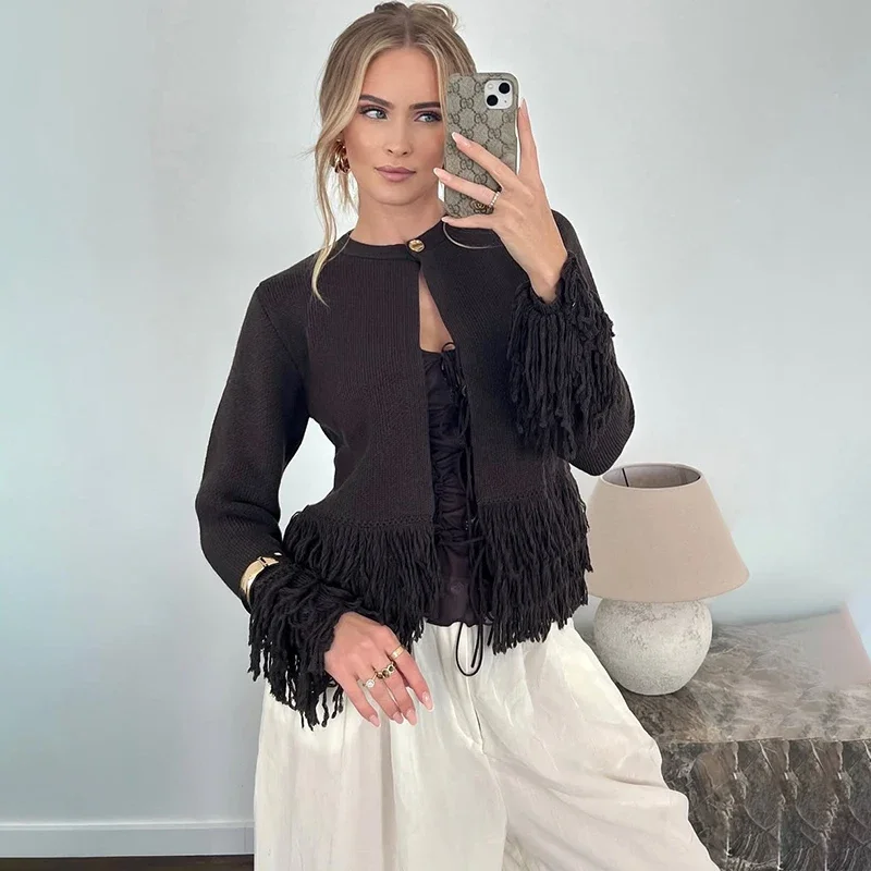 

Tassel Sweaster Cardigan Women's Buttons Long Sleeve Solid Loose Knitted Coat Female Autumn Winter Commuting Cardigan