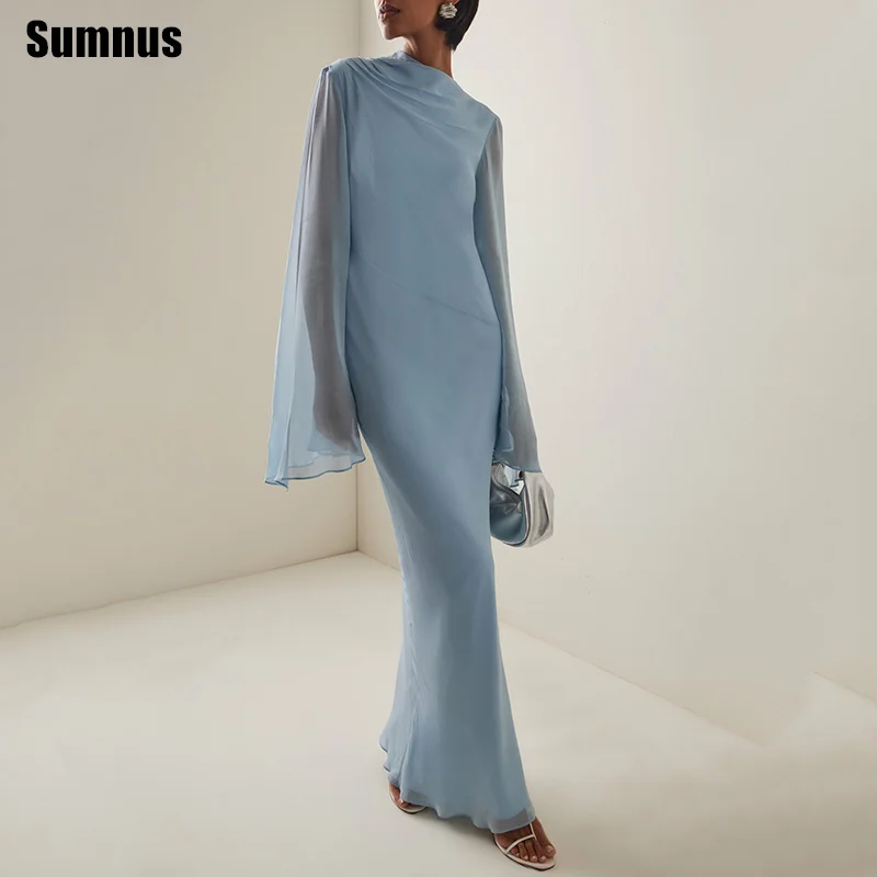 

Sumnus Простые вечерние платья русалки Пыльно-синие вечерние платья с высоким воротом и длинными рукавами Gala فساتين سهرة Customized