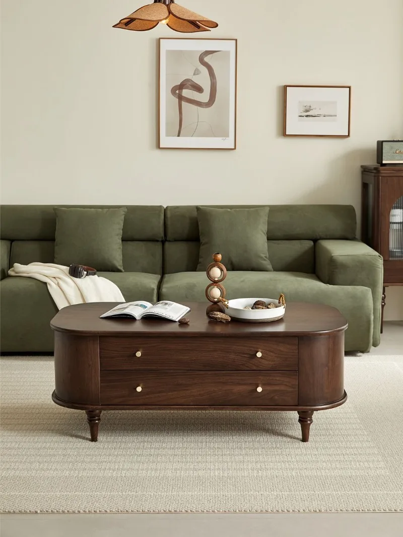 All solid wood coffee table American light luxury oval small apartment simple living room drawer storage tea table TV cabinet