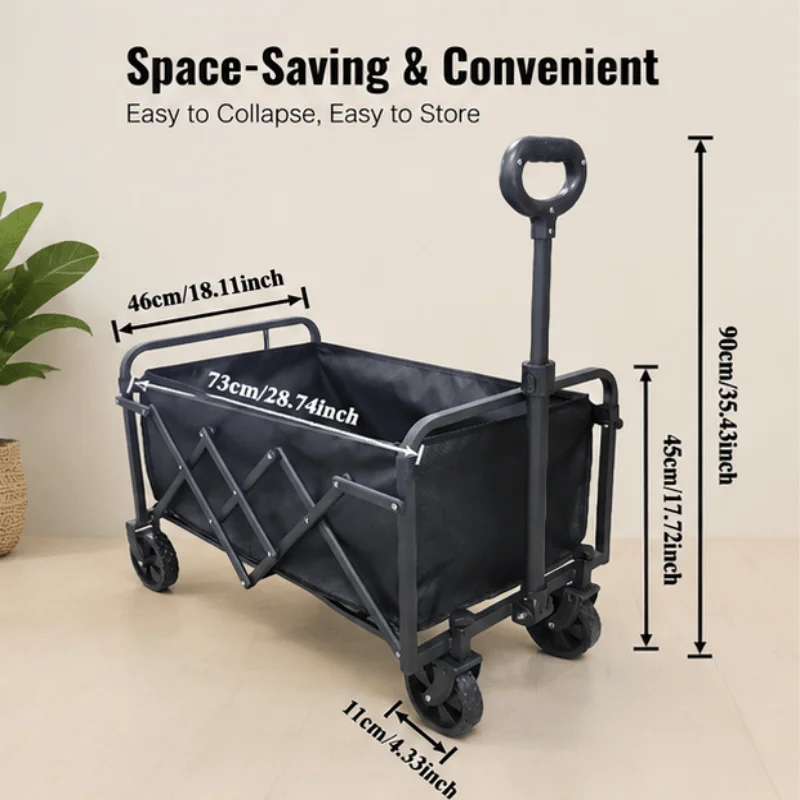 Compact foldable travel trailer with large rubber wheels for a smooth rolling experience