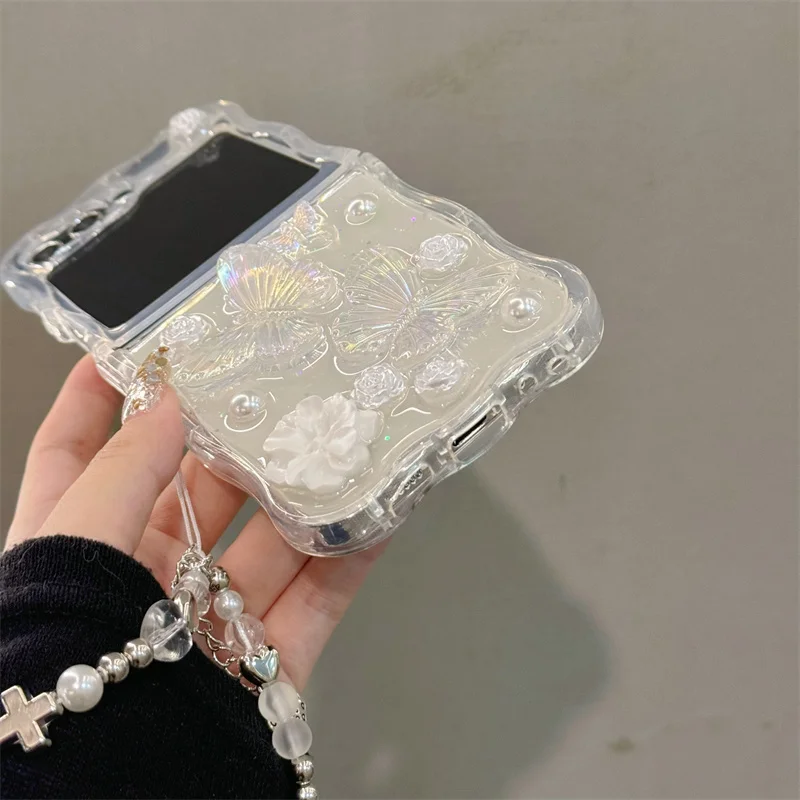 삼성 갤럭시 Z 플립 3 4 5 케이스 3D 만화 나비 팔찌 웨이브 삼성 Z Flip5 ZFlip5에 대한 명확한 충격 방지 커버