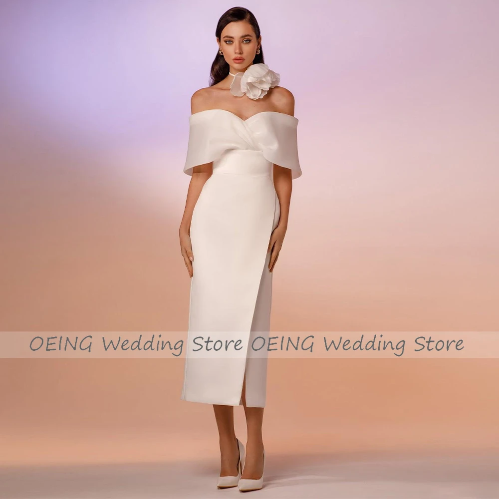 Midi Wedding Dress White Satin Off the Shoulder Column  Gowns for Women 2023 Bride Sheath Tea Length Short Bridal Dresses