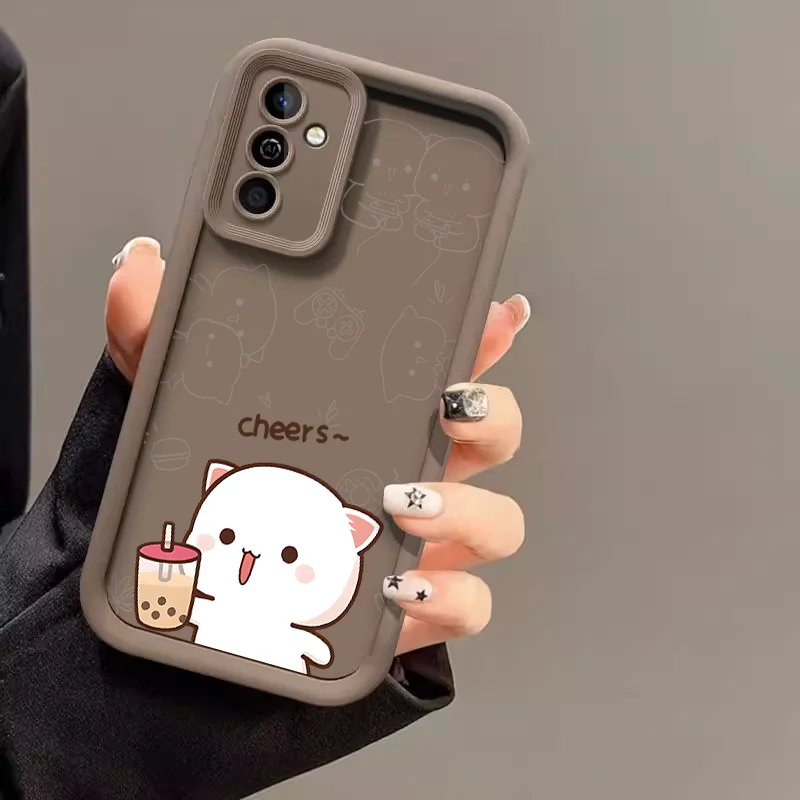 Cartoon Peach Mochi Cat Couple Case for Samsung S25 S24 S23 S22 S21 S20 Plus FE Note 20 Ultra M55 Cute Animal Paired Soft Covers
