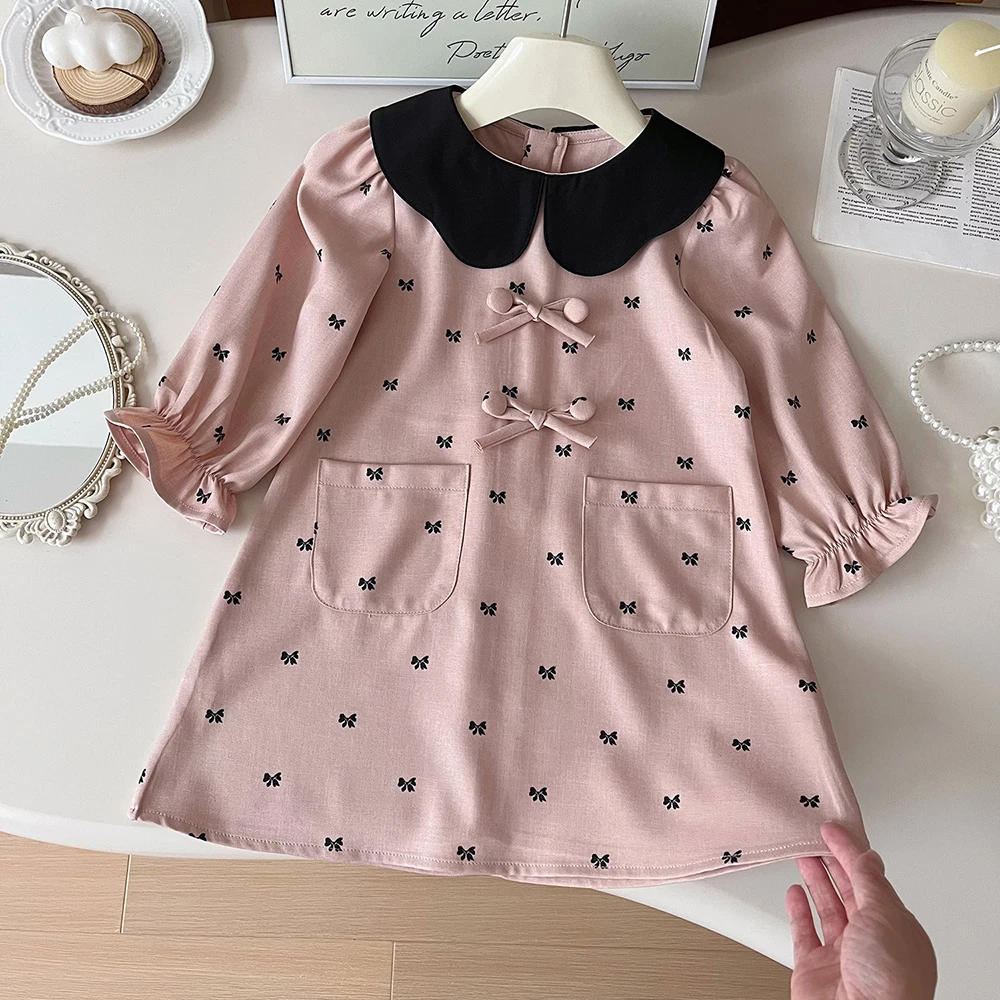 MILANCEL nuovi abiti per bambini autunnali 2-7Y ragazze Sweet Peter Pan Collar Bow Dress Patchwork Princess abbigliamento Kid Outfit