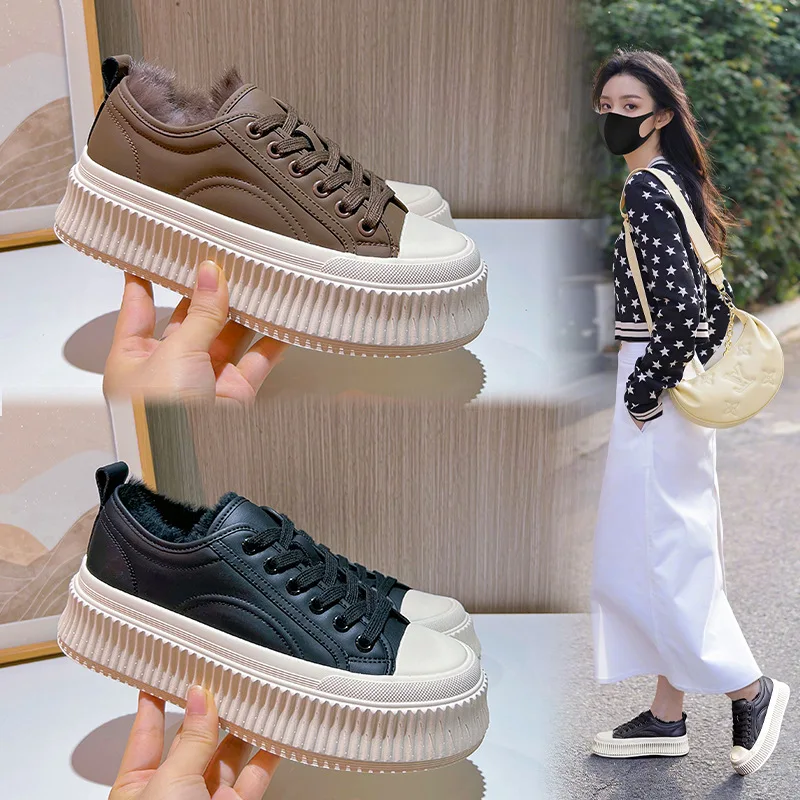 

Little White Shoes Women's New Velvet Biscuit Versatile Casual Platform Leather Sneakers Lace-up