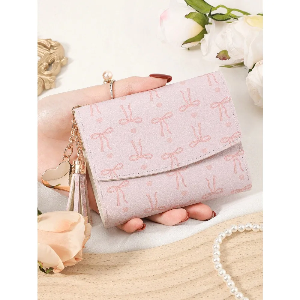 

​Wallet Featuring A Bow And Tassel Detail,Women's Multifunctional Folding Wallet, Fashionable Tower Buckle Coin Wallet, High-Qua