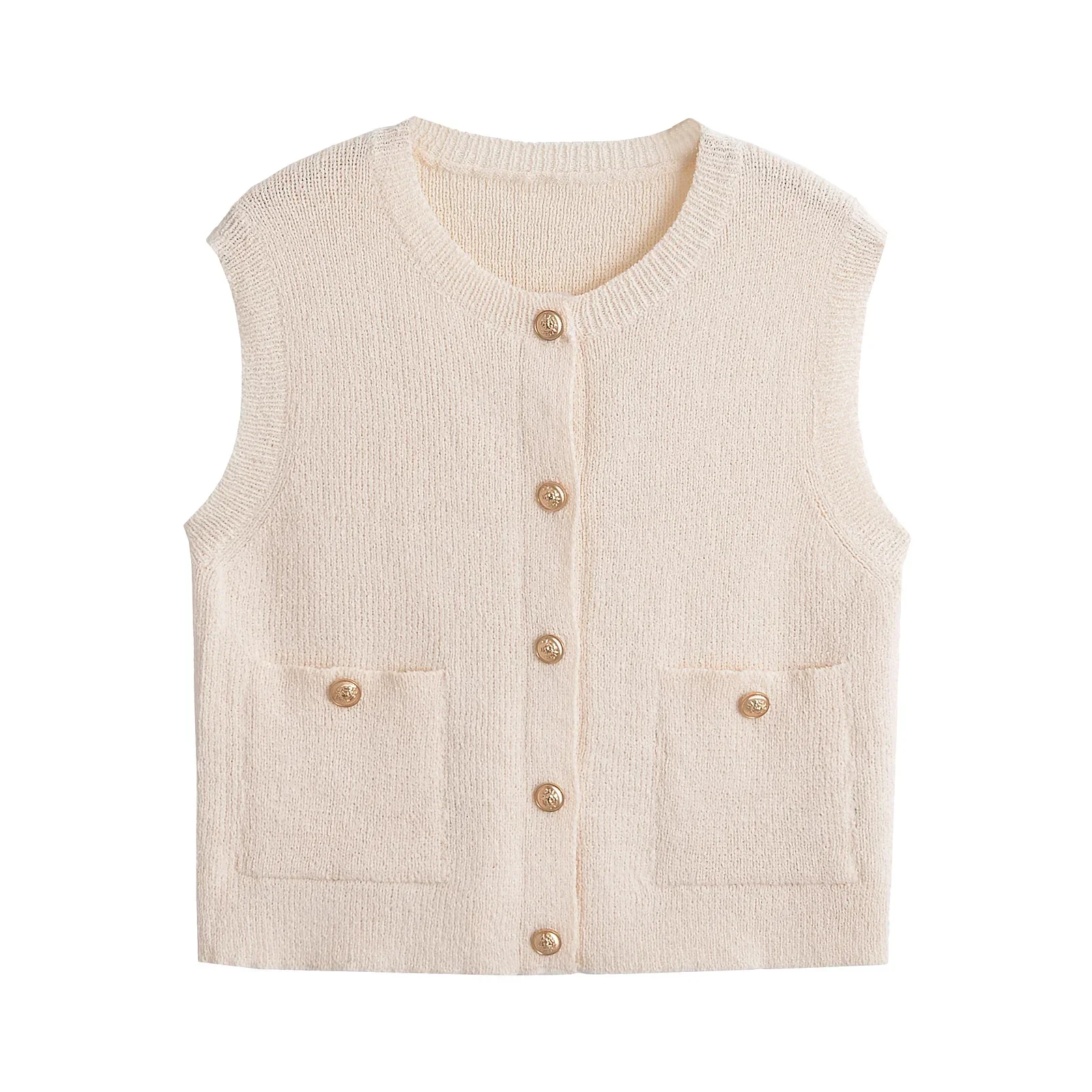 TRAF Autumn Beige Knitted Women Waistcoat Sleeveless Pockets Single Breasted Slim Cardigan Jacket Vest Y2K Crop Top 6771/104