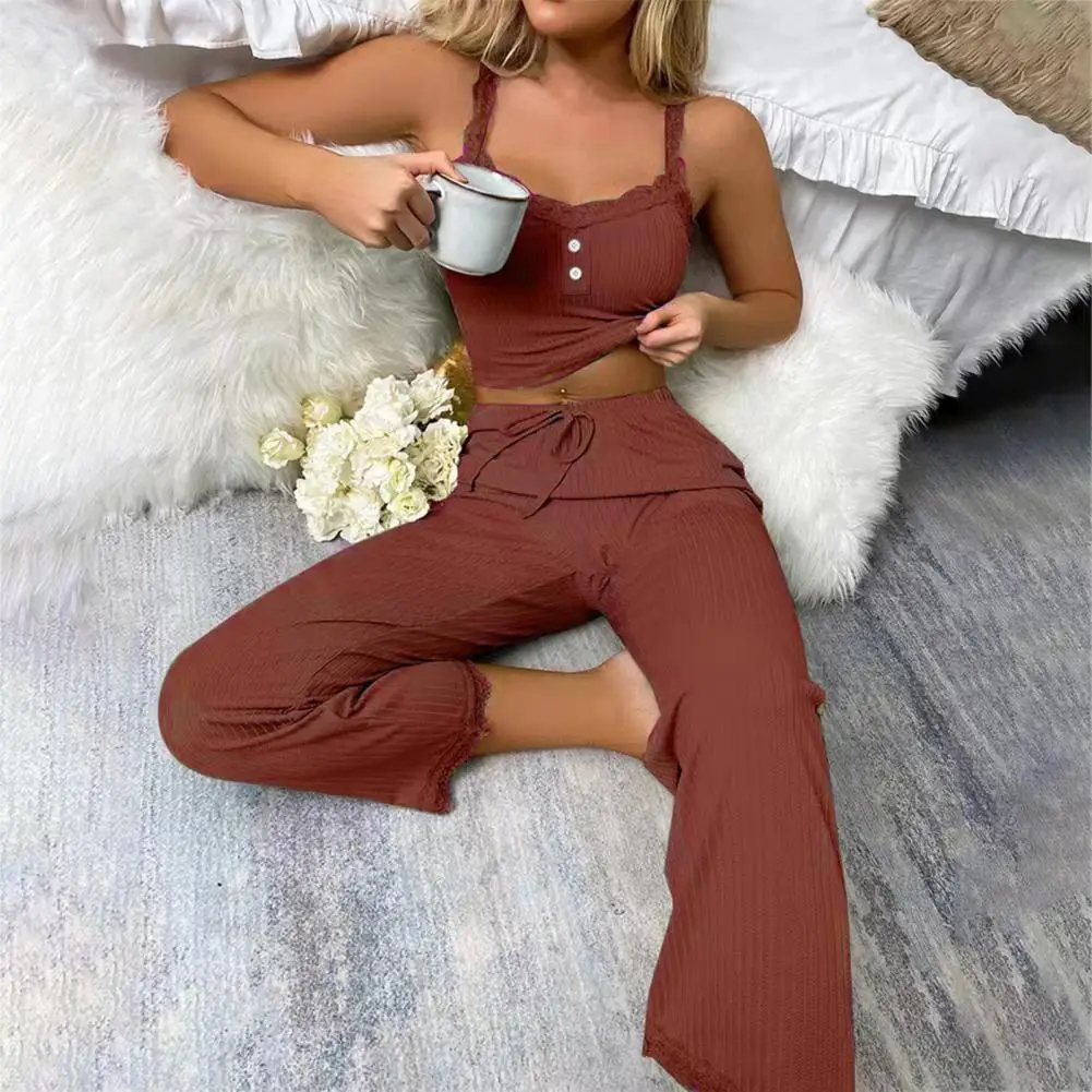 Women Pajama Set Solid Color Lace Flower Edge V Neck Tank Tops Drawstring Long Trousers Set Sexy Pajamas Camisole Loungewear