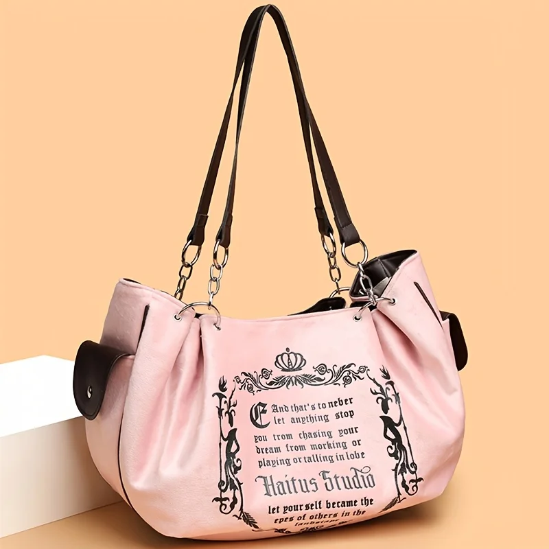 Damen-Handtasche aus Wildlederimitat mit Buchstabendruck, Retro-Einkaufstasche mit großem Fassungsvermögen für den täglichen Pendelverkehr und zum Tragen von Hand. Kürbistasche – Detail 5
