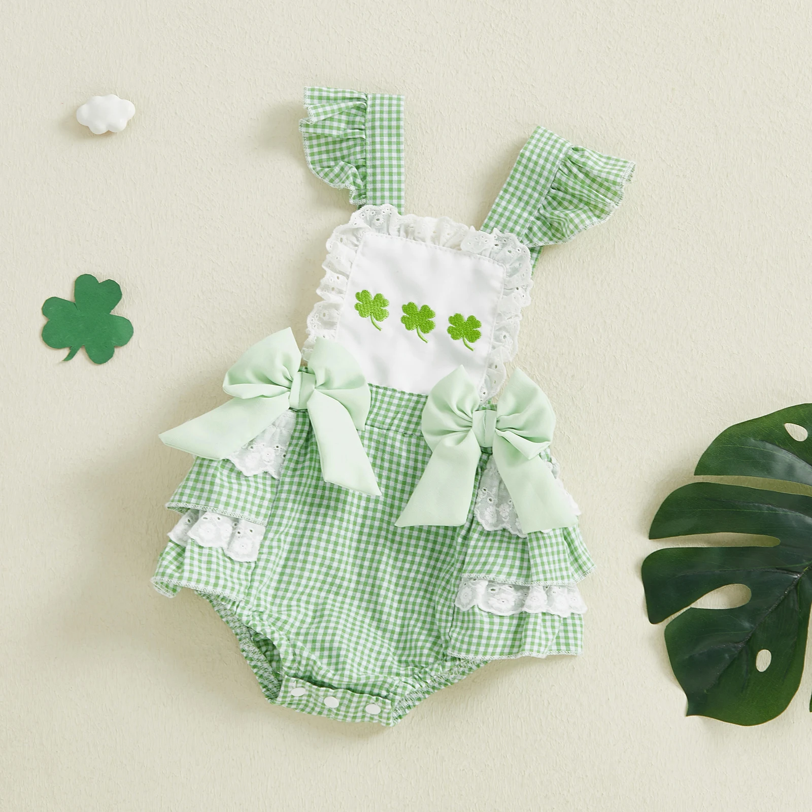 Baby Girl Irish Romper Fashionable Cute Shamrock Embroidery Flying Sleeve Plaid Jumpsuit