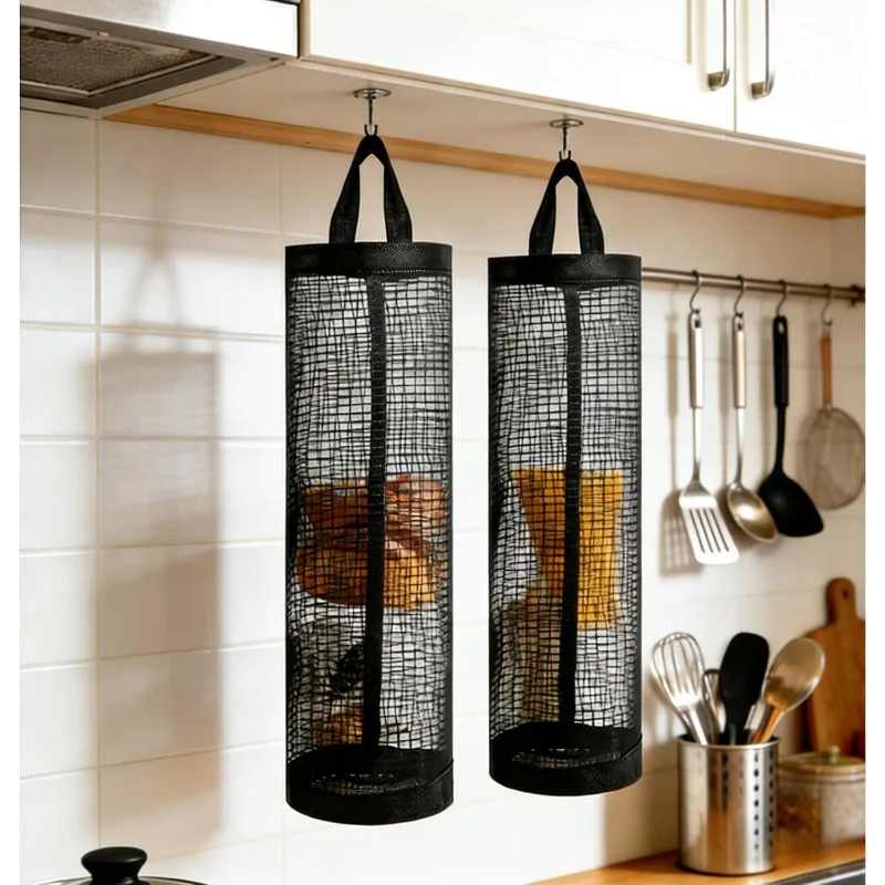 2-Pack Black Mesh Hanging Dispenser, 11.2×4.3 Inch Plastic Grocery Organizer for Kitchen, Pantry & Home Storage, Wall-Mount Hanging Basket for Food & Small Items, Bag Holder
