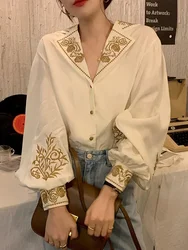 Spring Autumn New Retro Lapel Shirt Female Heavy Industry Embroidery Single-breasted Loose Lantern Sleeve Shirt Top UK921