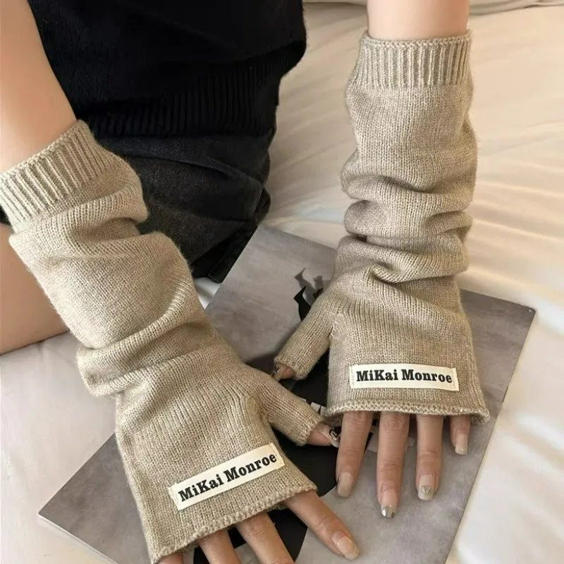 Version Half Finger Gloves Women Fashion Imitation Cashmere Warm Elbow Mittens Autumn Winter Stacked Half Finger Arm Warmers