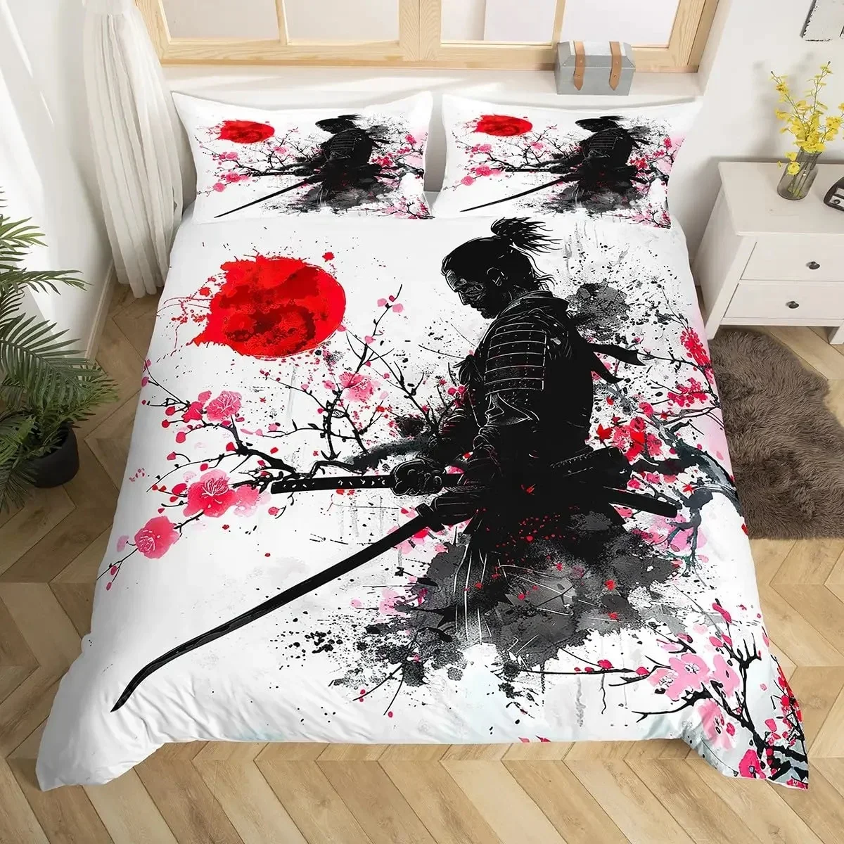 اليابانية الساموراي طقم سرير الملكة الملك الحجم أزهار الكرز الأحمر الشمس Hokusai غطاء لحاف فوجي جبل لحاف المعزي غطاء #4