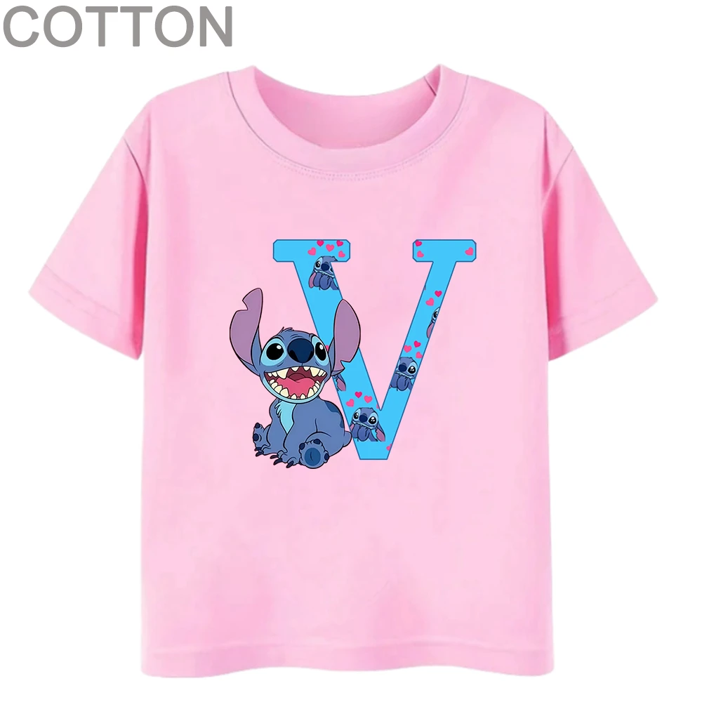 Stitch Letter ABC Cotton Children T-Shirt Name Combination Tee Shirts Cartoons Kawaii Kid Casual Clothes Girl Boy Harajuku Tops