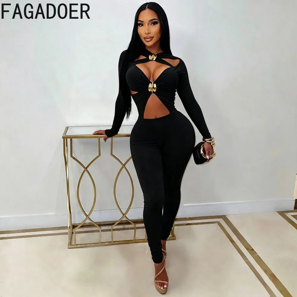 FAGADOER Women's Sexy Cutout Jumpsuit Long Sleeve Cross Front Metal Buckle Bodycon One Piece Outfit Slim Fit Club Party Romper