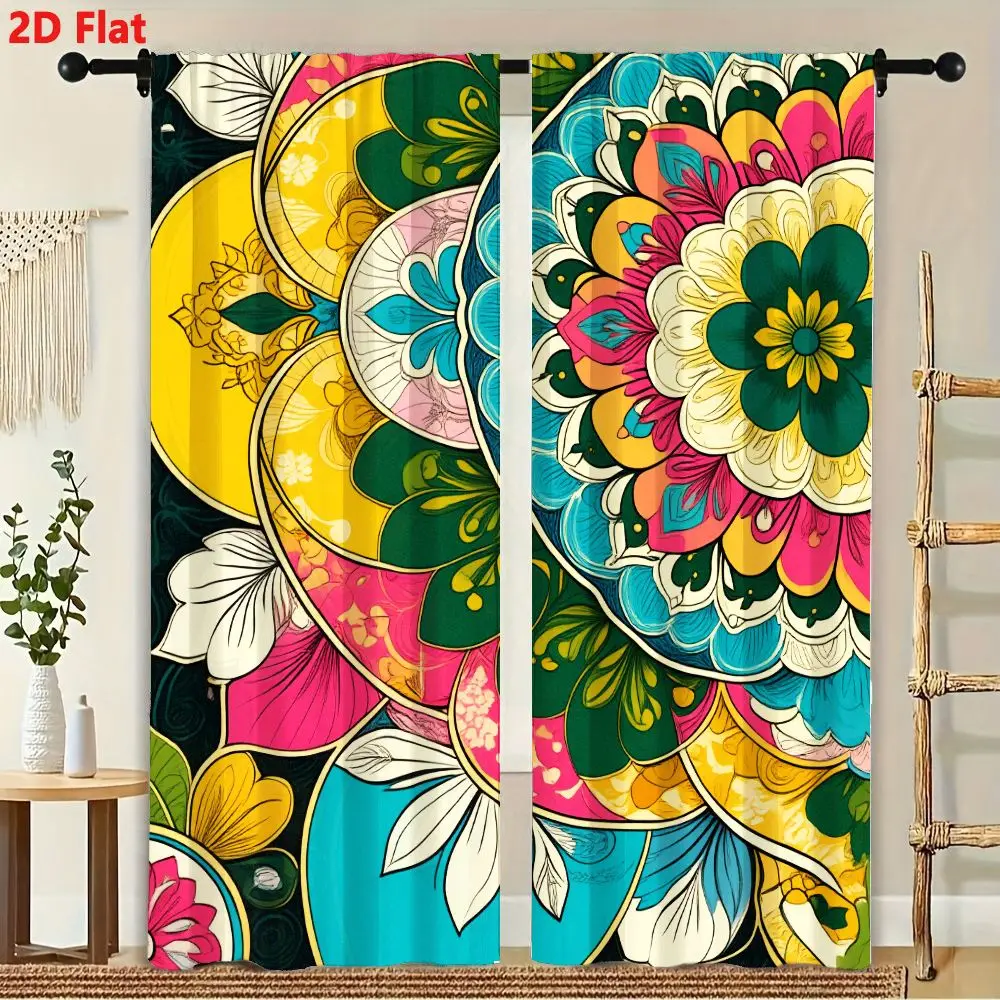2Pcs Curtains 2D Flat Vibrant Mandala - Like Pattern with Overlapping Floral Geometric Motifs Vivid Colors on Dark Background Ar 3