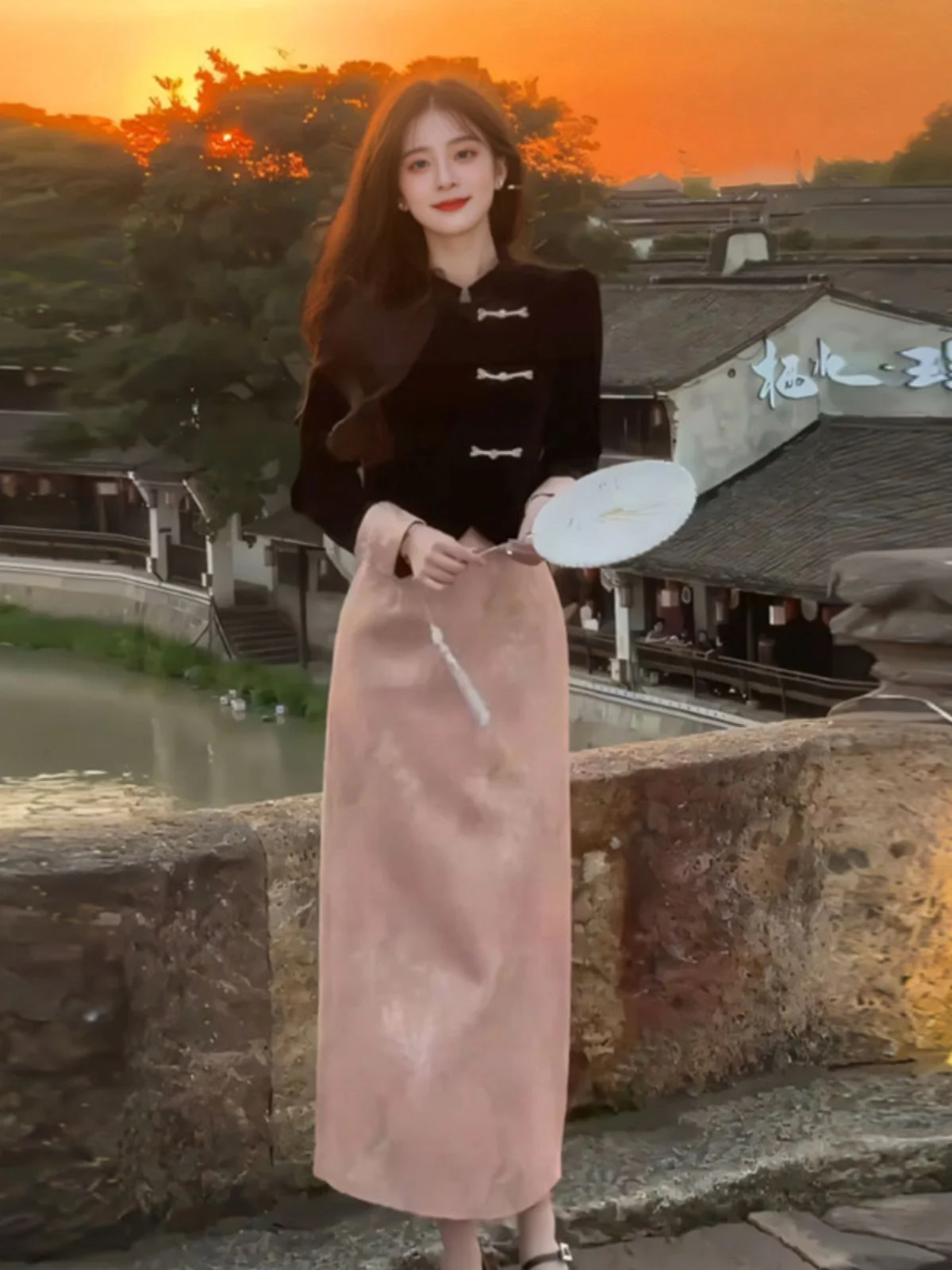 

New Chinese Style High-End Sensation Half-Side Slit Top Skirt Two-Piece Set Youthful Spring Outfit Traditional National Fashion