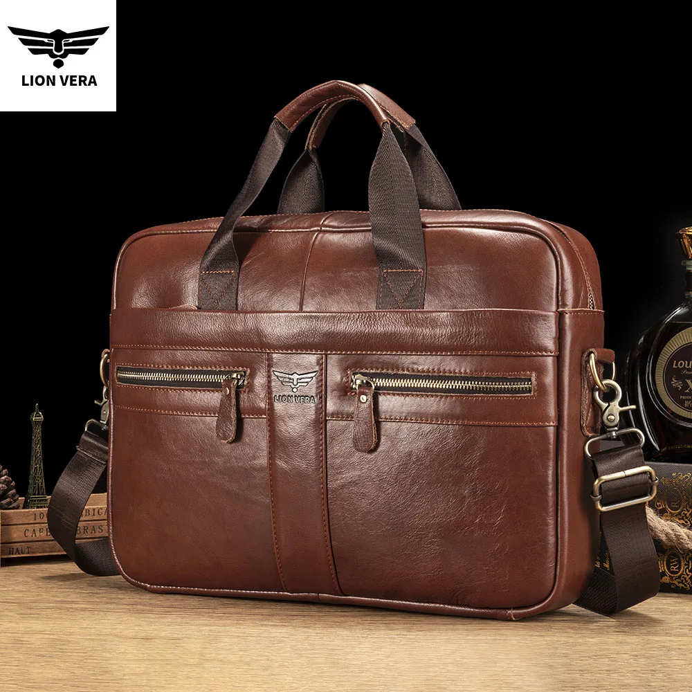 LION VERA Genuine Leahther Men Briefcase Portable Office Handbag for Laptop Bag High Quality Business Messenger Shoulder Bags Tr