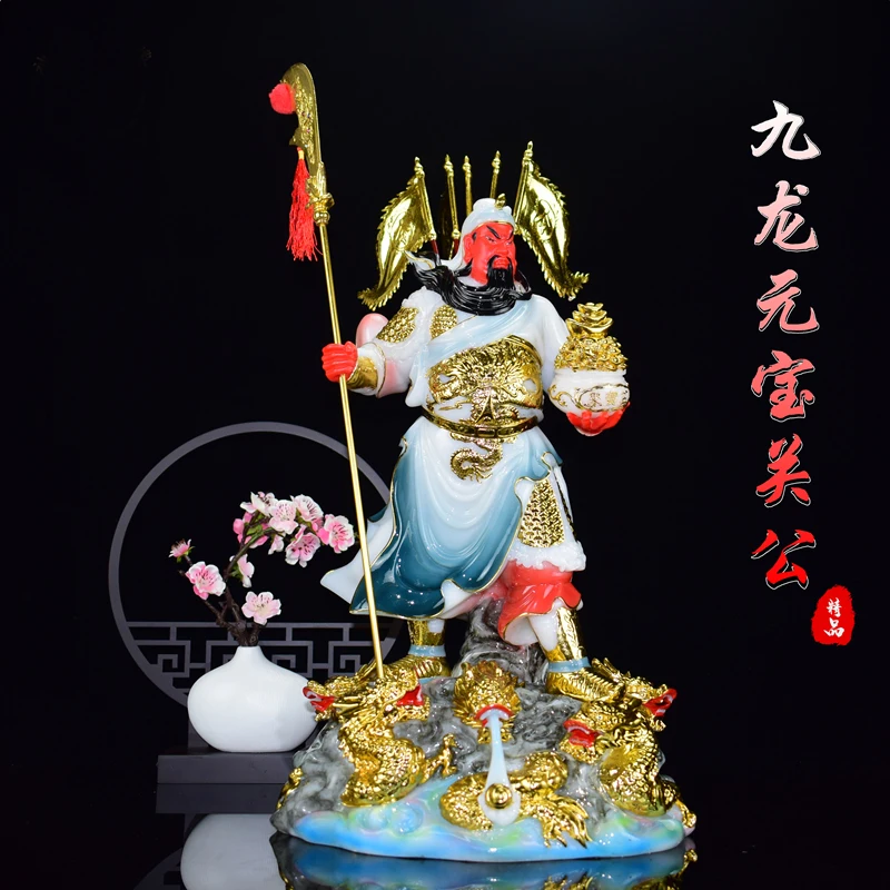 Southeast Asia Home store COMPANY High-grade wealth God RED FACE 9 Dragons GUAN GONG GUAN ER YE Good luck jade gilding statue