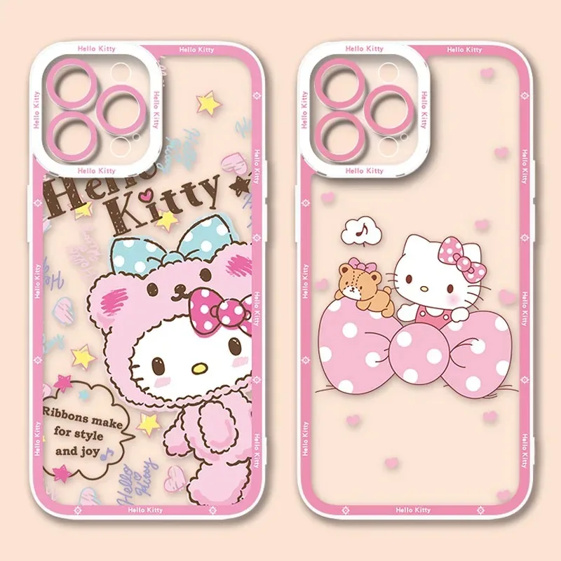 Sanrio pink Hello Kitty Case For iPhone 15 14 Pro Max 13 12 Mini 11 Pro XR XS X 8 7 6 6S Plus SE 2020 Soft Silicone Back Cover