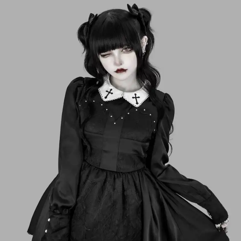 Jirai Kei Gothic Lolita Dress Women White Cross Embroidery Peter Pan Collar Satin Mini Dress Dark Harajuku Alt Punk Alt Outfit
