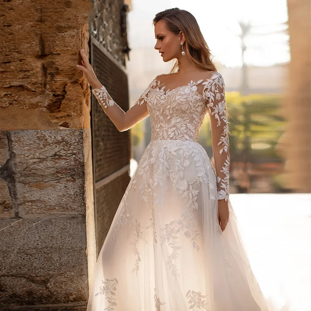 Flavinke-vestidos de novia elegantes con Apliques de encaje, vestidos de novia de manga larga con cuello redondo, marfil, línea A, tul, tren de barrido, bata de fiesta, 2024