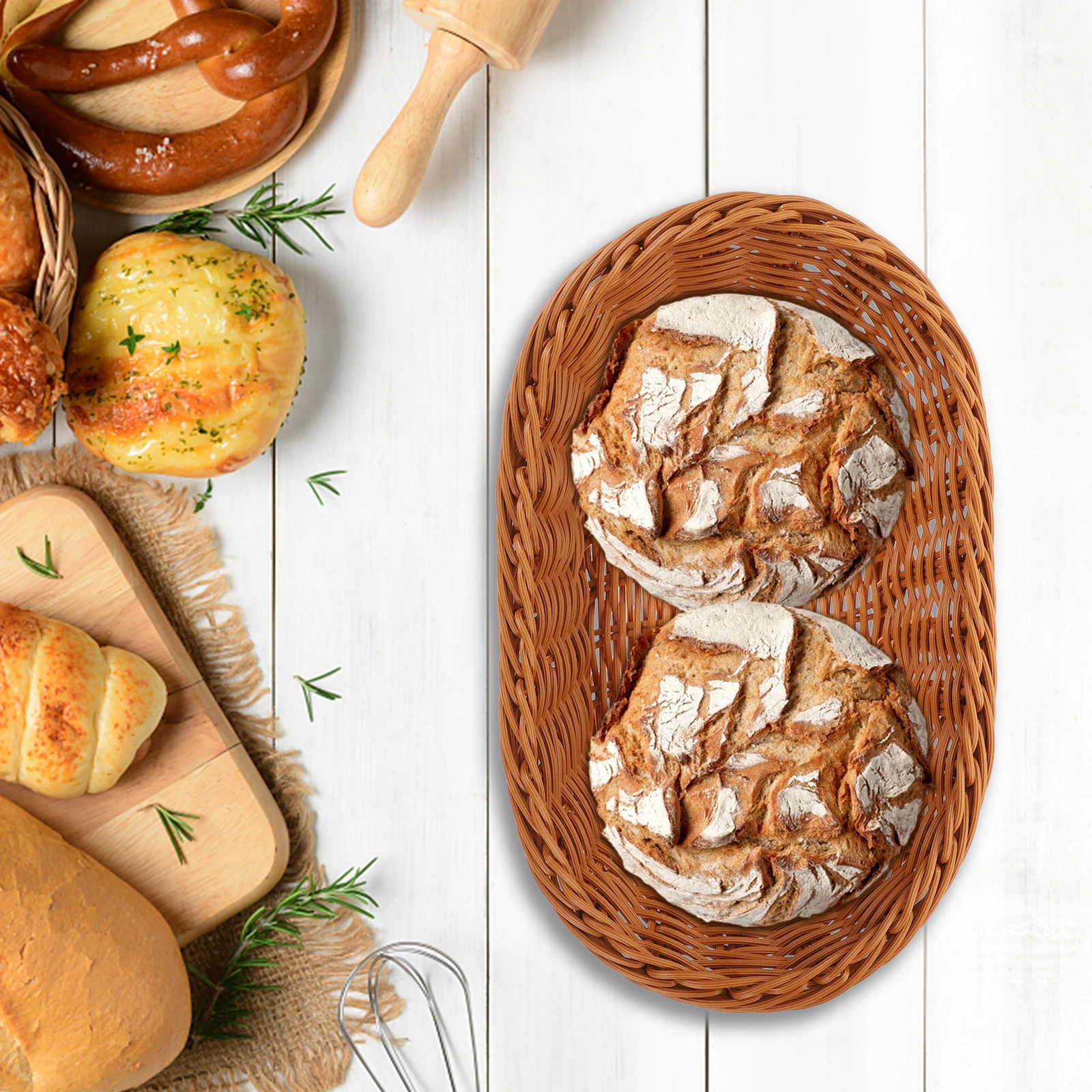 

Woven Basket Fruits Storage Bread Container Multi Function Snacks Serving Kitchen Pantry Imitation Rattan Basket Tabletop